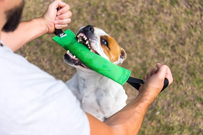 Bull Fit K9 Dog Bite Tug Toy with 2 Strong Handles - Made of Durable & Tear-Resistant French Linen - Perfect for Tug of War, Fetch & Puppy Training - Ideal for Medium to Large Breeds
