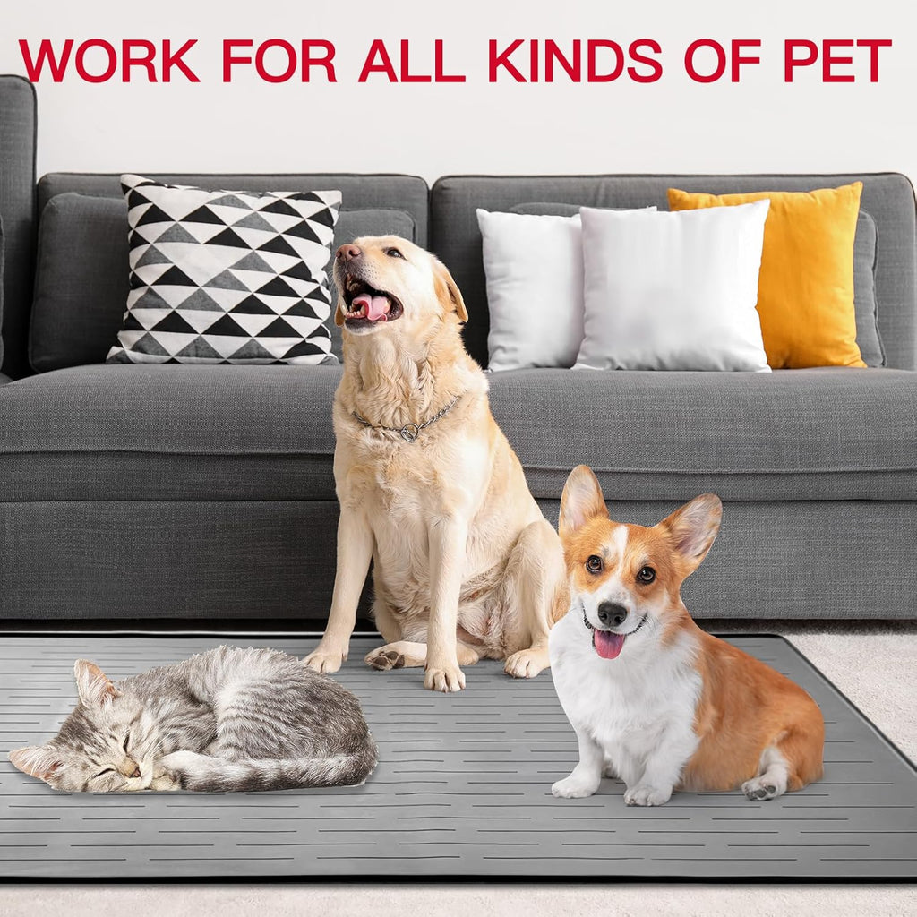 39.4"x29.5" Large Pet Food Mat, Silicone Dog Mats for Food and Water, Nonslip Pet Feeding Mats for Floors,Dog Cat Bowl Mat with Raised Edges, Light Gray