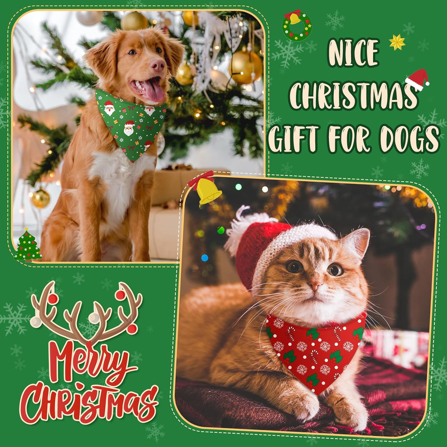 100 Pcs Christmas Dog Bandanas Bulk Xmas Santa Snowflakes Bandanas Adjustable Soft Bibs Triangle for Small Medium Large Pets Holiday Party Costume