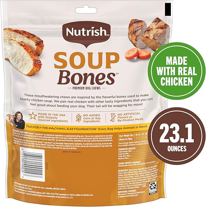 Nutrish Soup Bones Premium Dog Chews with Real Chicken and Veggies, Soft Texture Dog Treats, 11 Chews, Packaging May Vary (Rachael Ray)