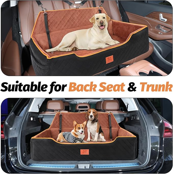 Large Dog Car Seat for Dods Under 100 Lbs, Memory Foam Dog Car Bed for Backseat & Trunk, Detachable and Washable Cover, Pet Travel Seat with Storage Pockets,2 Safety Belts