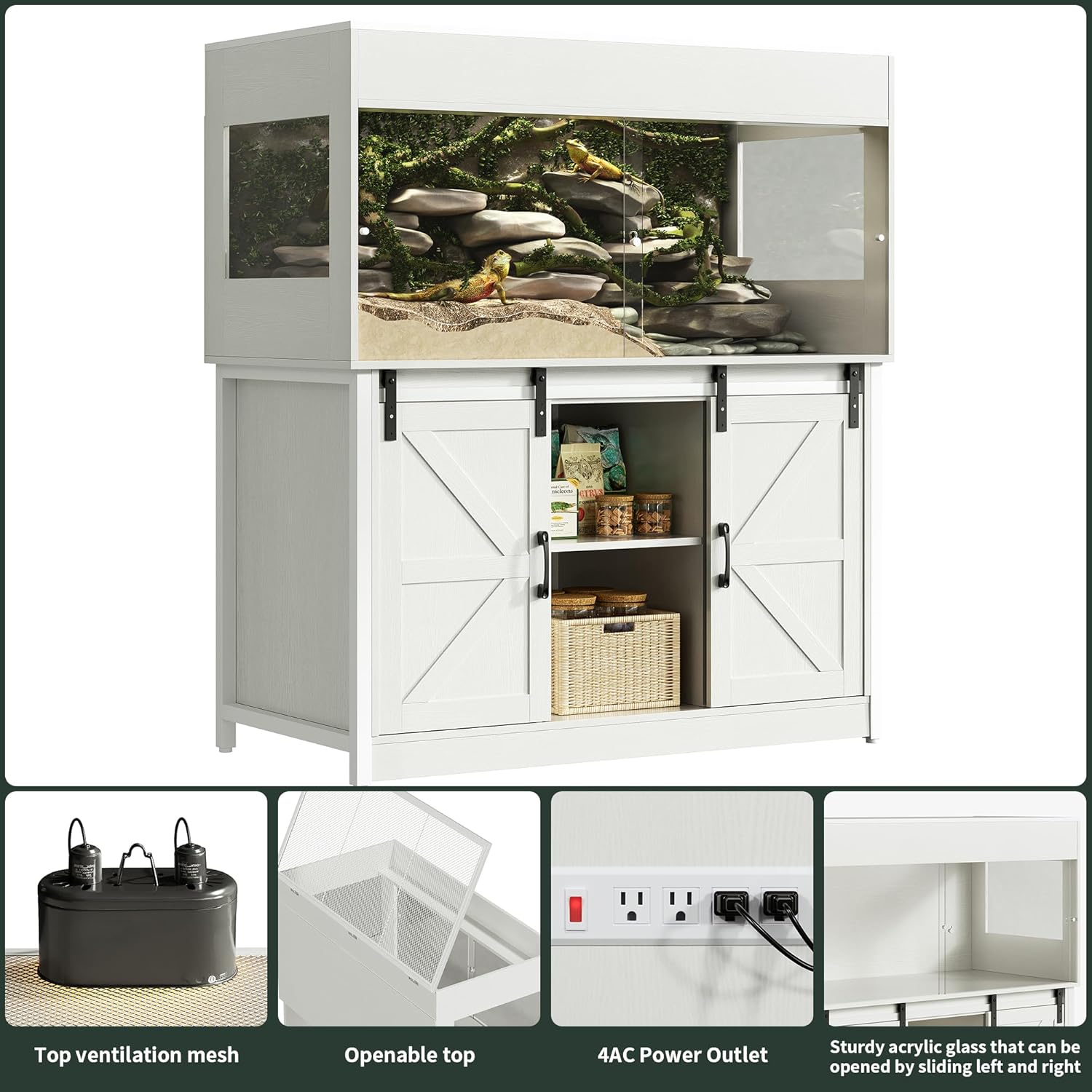 120 Gallon Reptile Terrarium with Stand, 4x2x2 Bearded Dragon Enclosure for Snakes Lizards, Large Vivarium Tank with Storage Cabinet, Acrylic Doors, Mesh Lid, Power Outlet White PX04RTWW