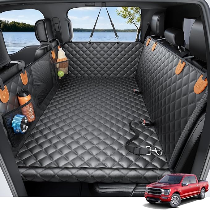 Wigoo Dog Truck Seat Cover for Back Seat, Dog Hammock with Hard Bottom Support, Seat Extender for 2-4 Large Dogs Heavy Duty Waterproof, Backseat Protector for Crew Cab Truck/SUV, XL Size, Black+Orange