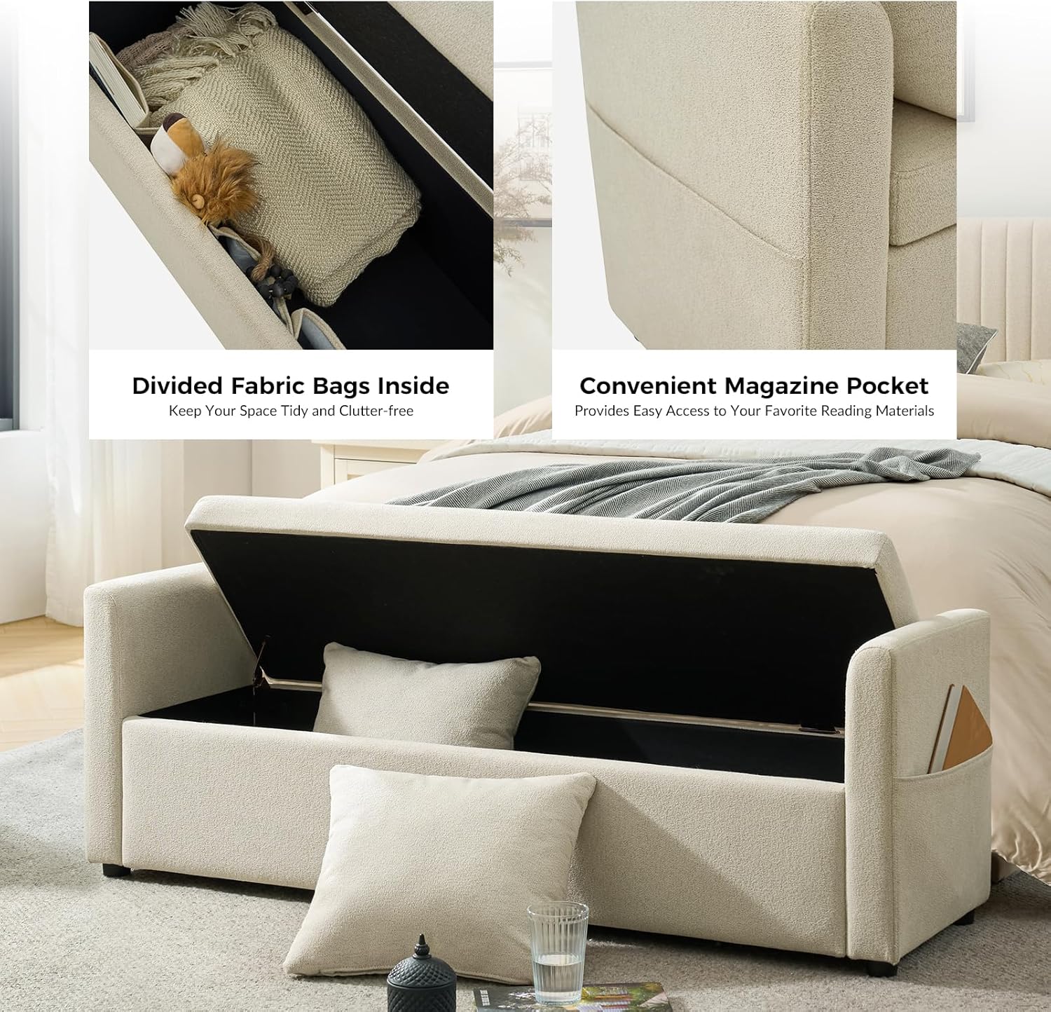 HULALA HOME Modern Storage Ottoman Bench with Throw Pillows, 59" Extra Long End of Bed Bench with Storage Pocket, Comfy Upholstered Footstool for Bedroom Entryway Living Room, Ivory