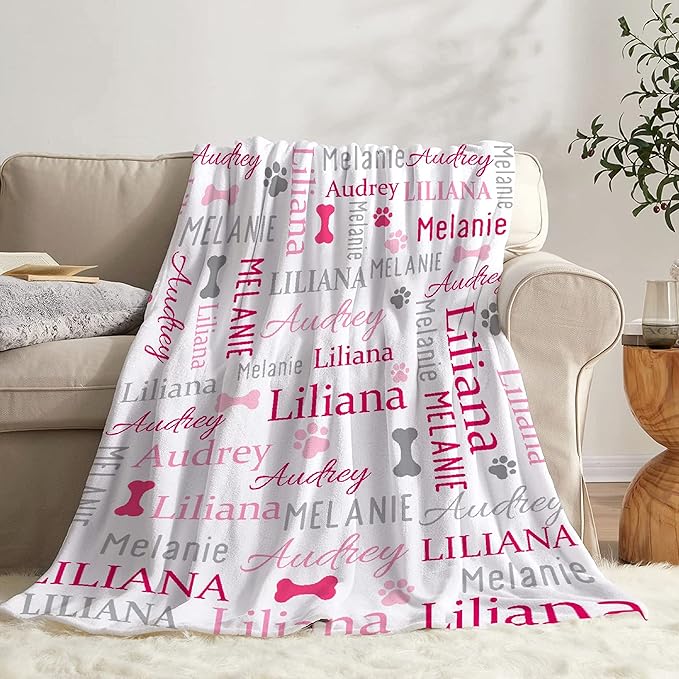 Personalized Dog Paw Print Blanket - Custom Dog Blanket with Pets Name Cute Paw Print Pet Throw - M 60"x50"