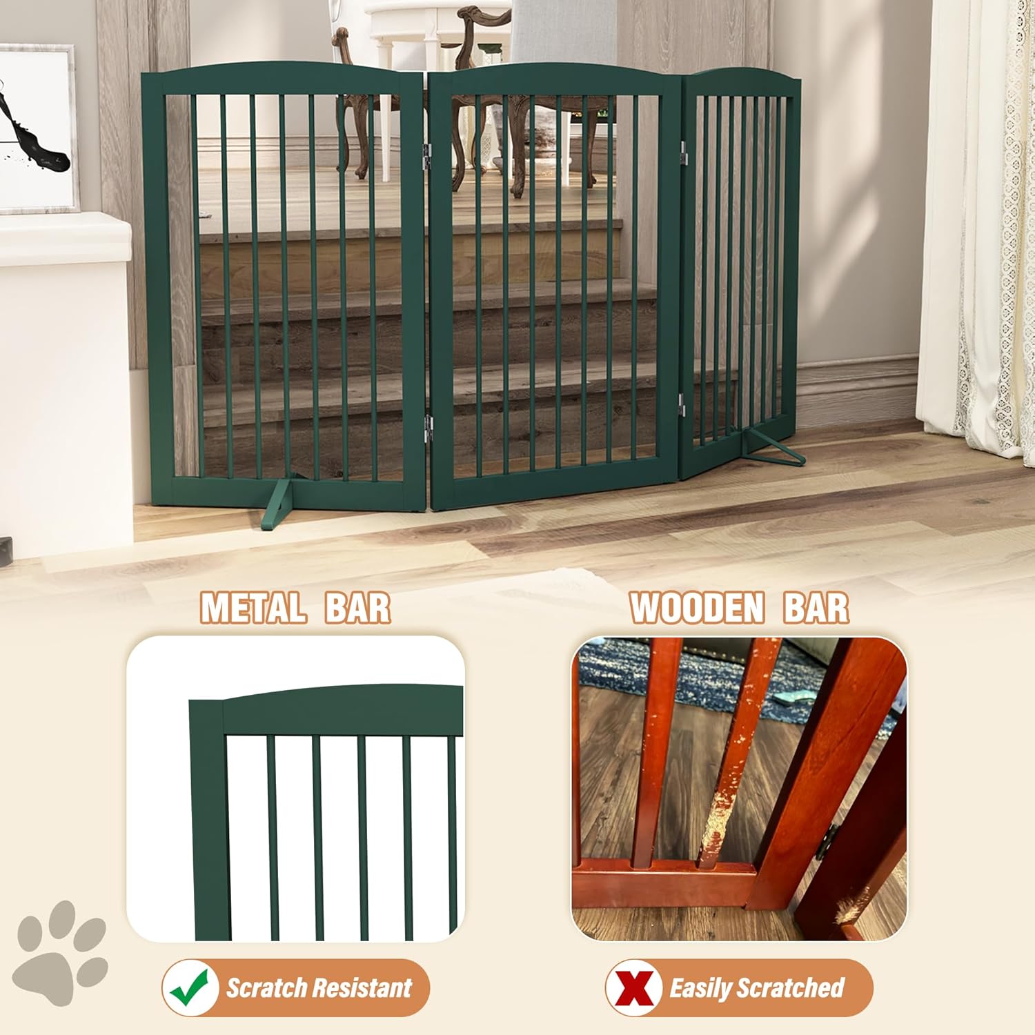 Freestanding Pet Gate for Dogs, Foldable Wooden Dog Gate for House Indoor, Step Over Pet Puppy Safety Fence for Stair, Doorway,Hall, Support Feet Included,3 Panels 32",Green