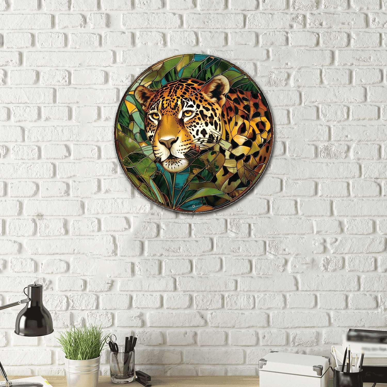 Lygond Metal Sign Tin Sign Circular Stained Glass Jaguar Minimalist Wall Art for Garage 12×12 Inches