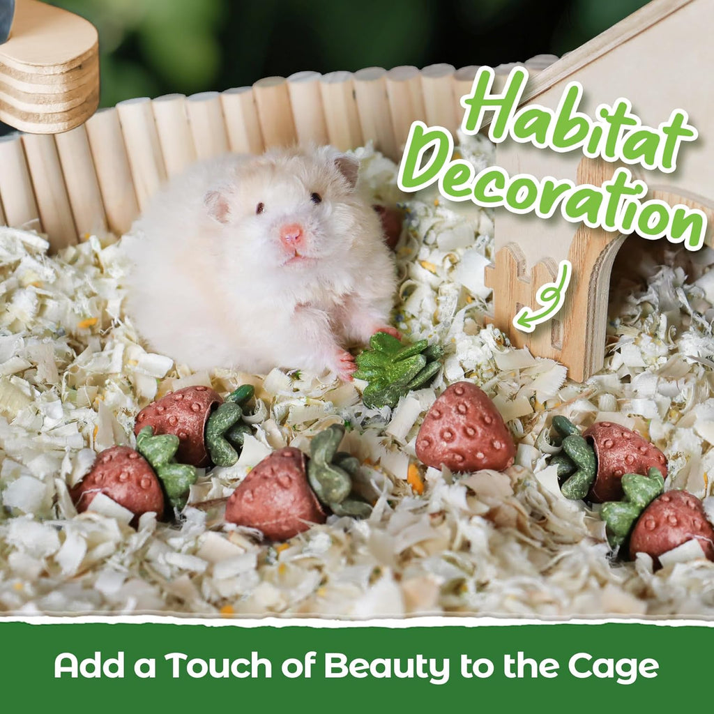 TEEWY 4PCS Hamster Chew Toys, Guinea Pig Chew Toys for Teeth with Natural Vegetables and Timothy Grass, Chinchilla Toys,Dental Care for Rats/Guinea Pigs/Hamsters and Gerbil, Strawberry-Shape