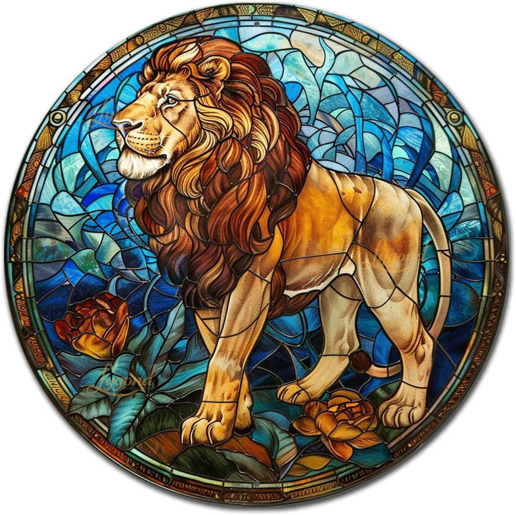 Lygond Metal Sign Tin Sign Circular Stained Glass Lion Metal Sign for Home Decor 8×8 Inches