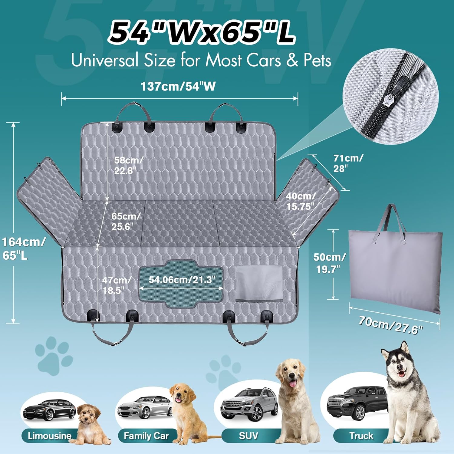 Back Seat Extender for Dogs-Supports 400lb,Waterproof Dog Car Seat Cover Hard Bottom-Detachable,600D Heavy Duty Scratch Proof Nonslip Soft,Dog Hammock for Car,SUVs-Grey