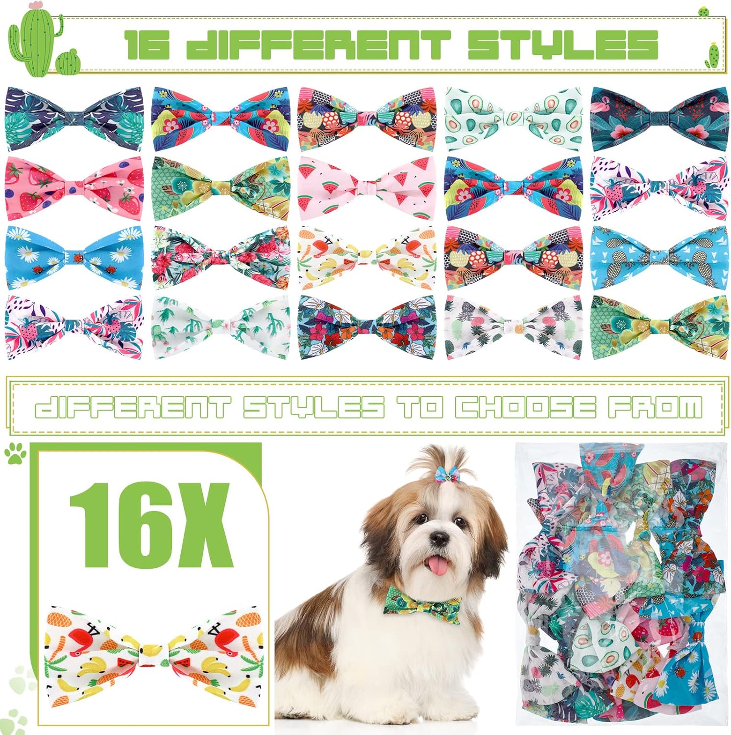 Weewooday 16 Pcs Dog Bow Ties Slide Pet Collar Bows Summer Hawaiian Styles Large Dog Collar Attachment Bowtie with Rubber Bands Male Pet for Spring Summer Grooming Independence Day(Fresh Style)