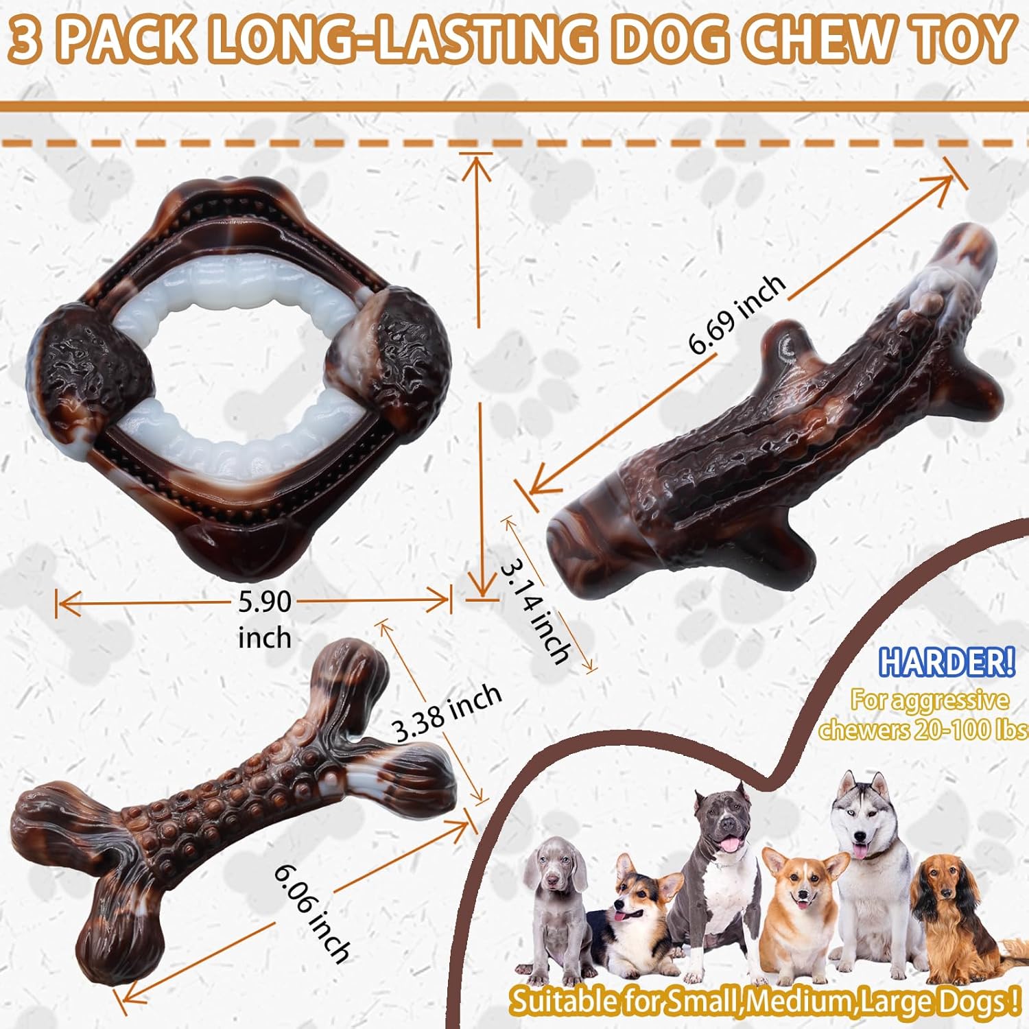 Magicorange 3-Pack Dog Chew Toys for Aggressive Chewers, Nylon Durable Dog Toys, Bacon Flavored Tough Bones Chew Toys