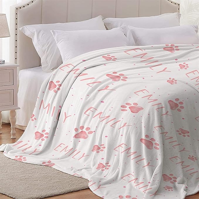 Personalized Dog Paw Print Blanket - Custom Dog Blanket with Pets Name, Cute Paw Print Pet Throw, Puppy Fluffy Blankets, L 80"x60" for Adult/Gift