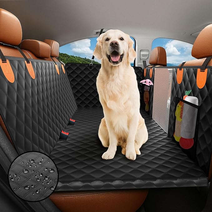 Back Seat Extender for Dogs - Hard Bottom,Waterproof Dog Car Seat Cover for Back Seat Holds 450 lbs - Detachable, Scratch-Proof and Anti-Slip Dog Hammock for Cars, SUVs and Trucks, Bk+ORG