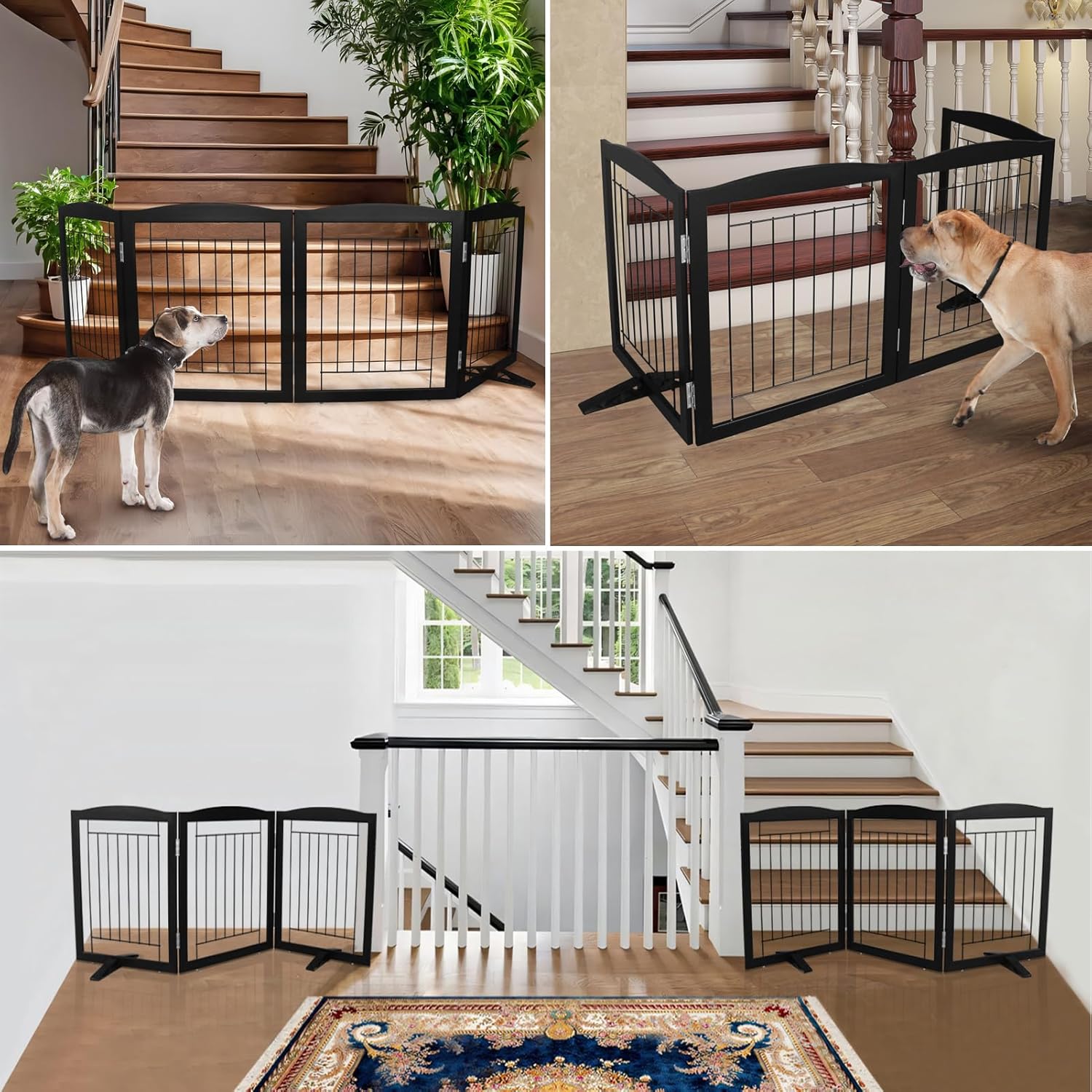 ZJSF Freestanding Dog Fence Indoor, Foldable Dog Gate for Doorways, Stairs or Hallways, Sturdy Wood Extra Wide Pet Gate with Support Feet for The House, Black, 32 "Height-3 Panels