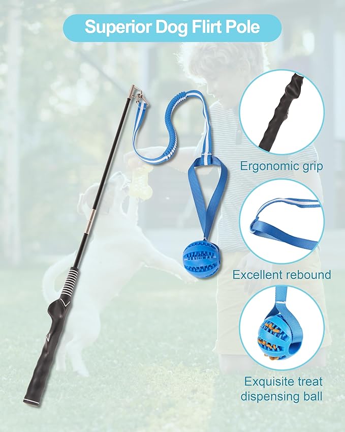 Flirt Pole for Dogs, Durable Dog Flirt Pole for Large Medium & Small Dogs, Interactive Dog Pole Toy with Rubber Ball for Outdoor/Indoor, Training, Chase, Tug of War 24 inch