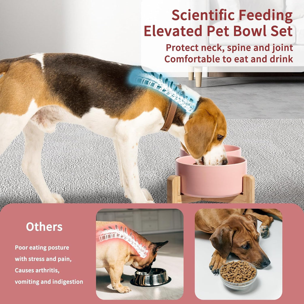 Elevated Ceramic Dog Bowl Set - Raised Dog Bowls with Non-Slip Bamboo Stand - Dog Food and Water Bowl Set - Double Dog Feeding Bowls - Suitable for Small and Medium Dogs - 28.74 OZ - 3.6 CUPS - 850 ML