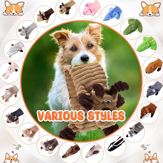 Outus 20 Pcs No Stuffing Dog Squeaky Toys Bulk for Aggressive Chewers, Crinkle Teething Chew Plush Toys for Small Medium Large Pet Gift, 20 Styles(Classic Style)