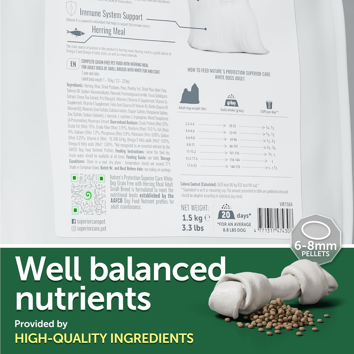 Nature's Protection Grain Free Dry Dog Food for Small Breed - High Protein Tear Stain Formula - Small Kibble for Adult Dogs with Light Fur (Superior Care - Herring, 3.3 lb)