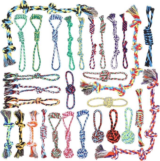 Hiboom 30 Pcs Rope Dog Toys for Aggressive Chewers Heavy Duty Dog Chew Toys for Medium Large Dog Cotton Dog Toys War Dog Toy for Teeth Cleaning