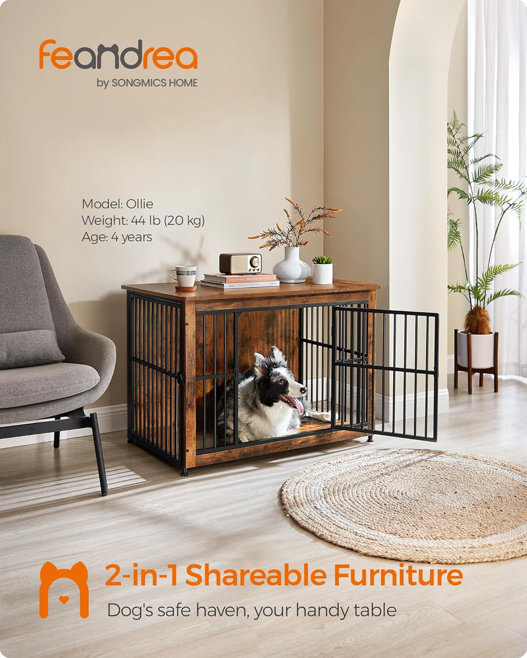 Feandrea Dog Crate Furniture, 38.6" Side End Table, Modern Kennel for Dogs Indoor up to 70 lb, Heavy-Duty Dog Cage with Enclosed Base, Double-Door Dog House, Rustic Brown UPFC023X01