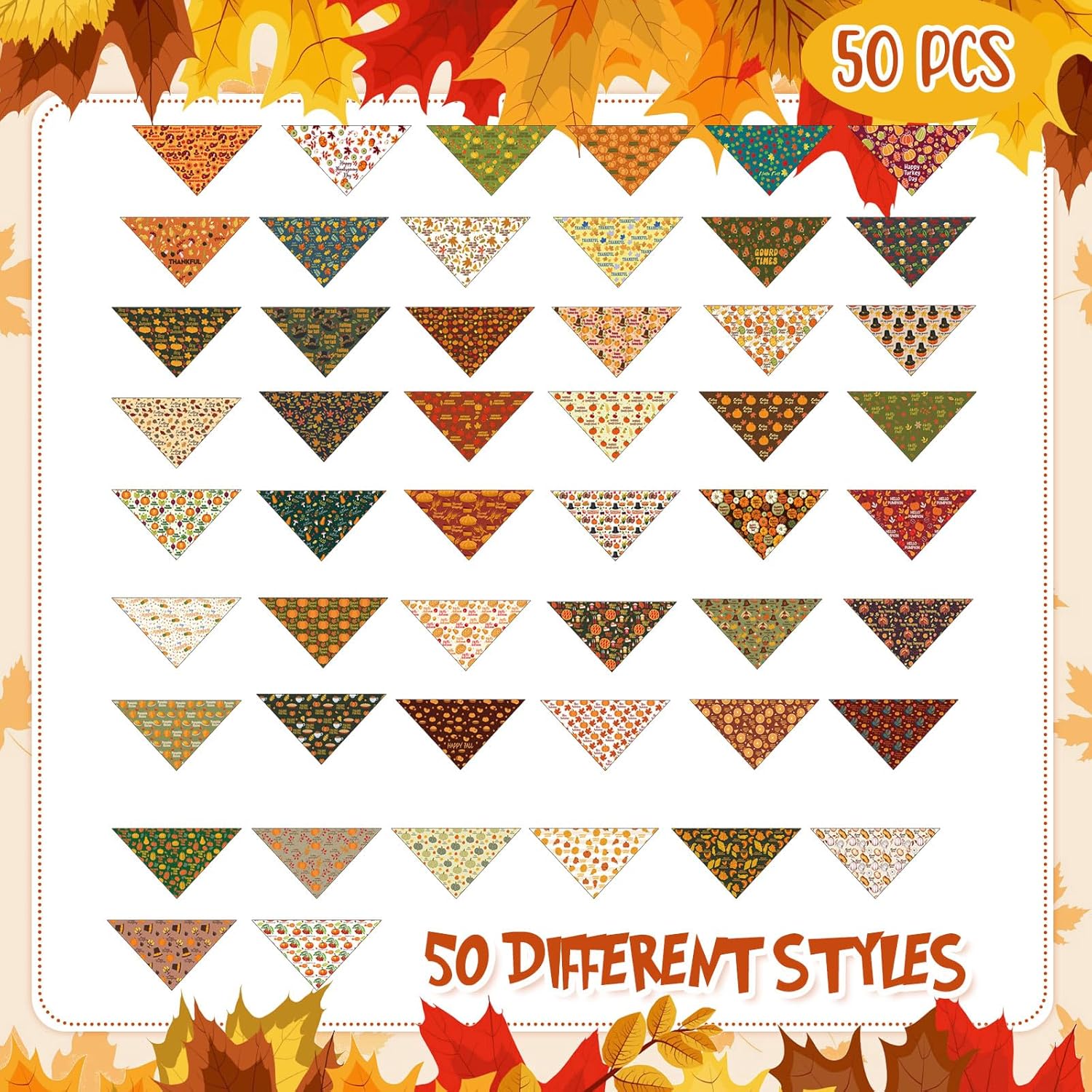 Abbylike 50 Pcs Fall Dog Bandanas Bulk Pet Scarfs Triangle Bibs Adjustable Washable Puppy Kerchief Seasonal Pet Costume Accessories Grooming Supplies for Small Medium Large Dogs Cats