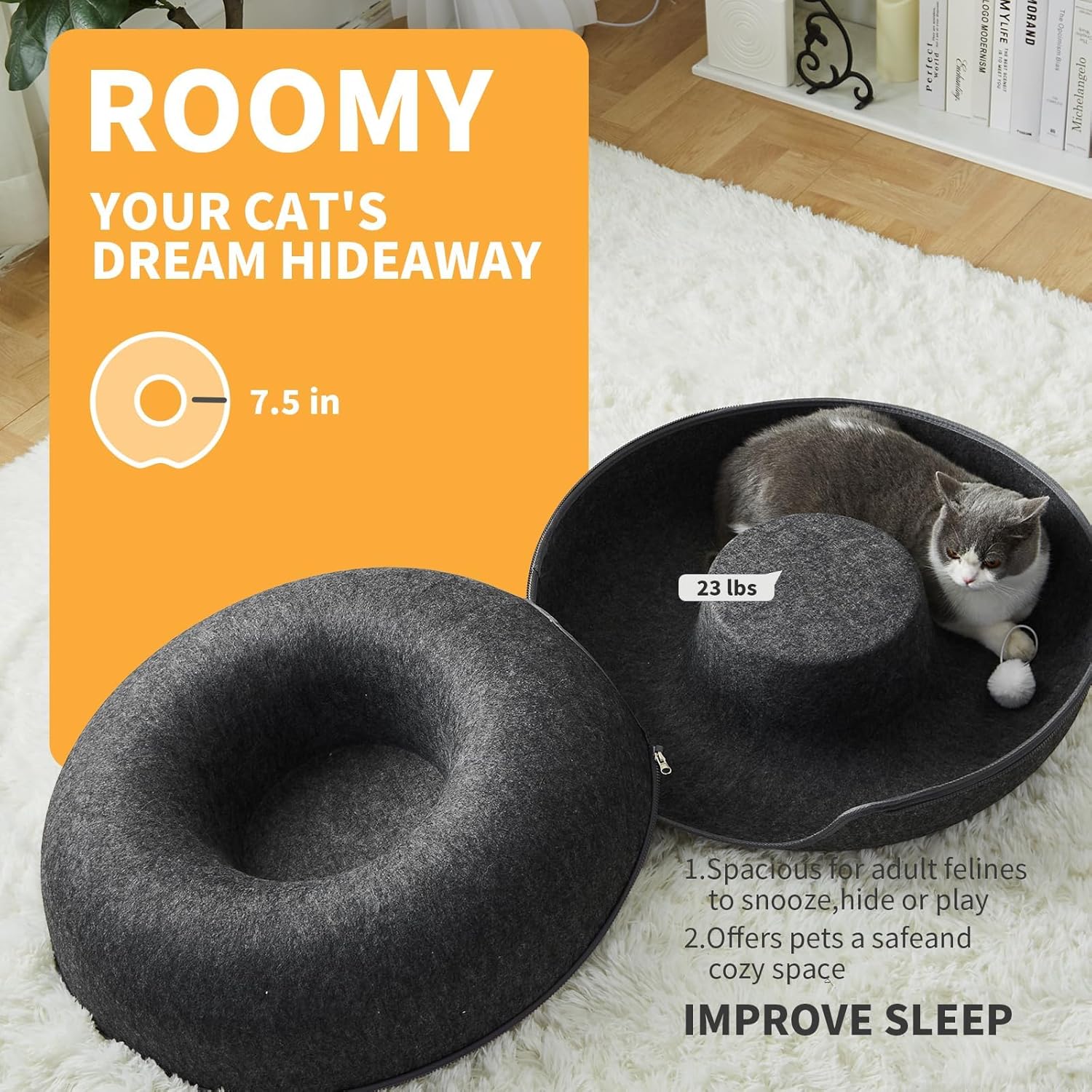 Jia Xi Indoor Cat Hideout, Donut Cat Bed, Universal for All Seasons Cat Condo and Cat Cave (24 in * 24 in * 11 in) Dark Grey