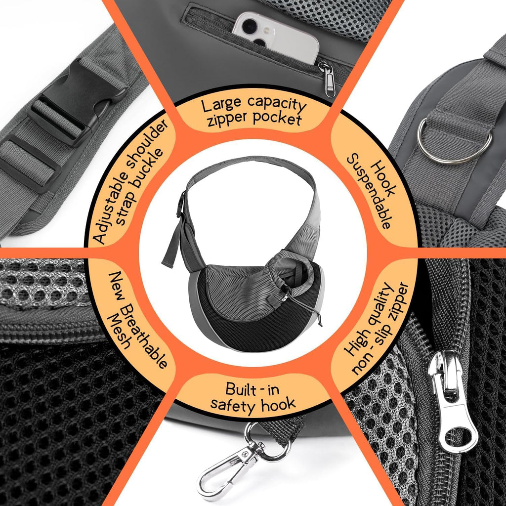 YUDODO Pet Sling Carrier for Small Dogs & Cats – Hands-Free Puppy Carrier with Safety Hook, Large Zipper Pocket, Soft Breathable Mesh, Adjustable Strap & Reflective Strip (Black 1.0 L)