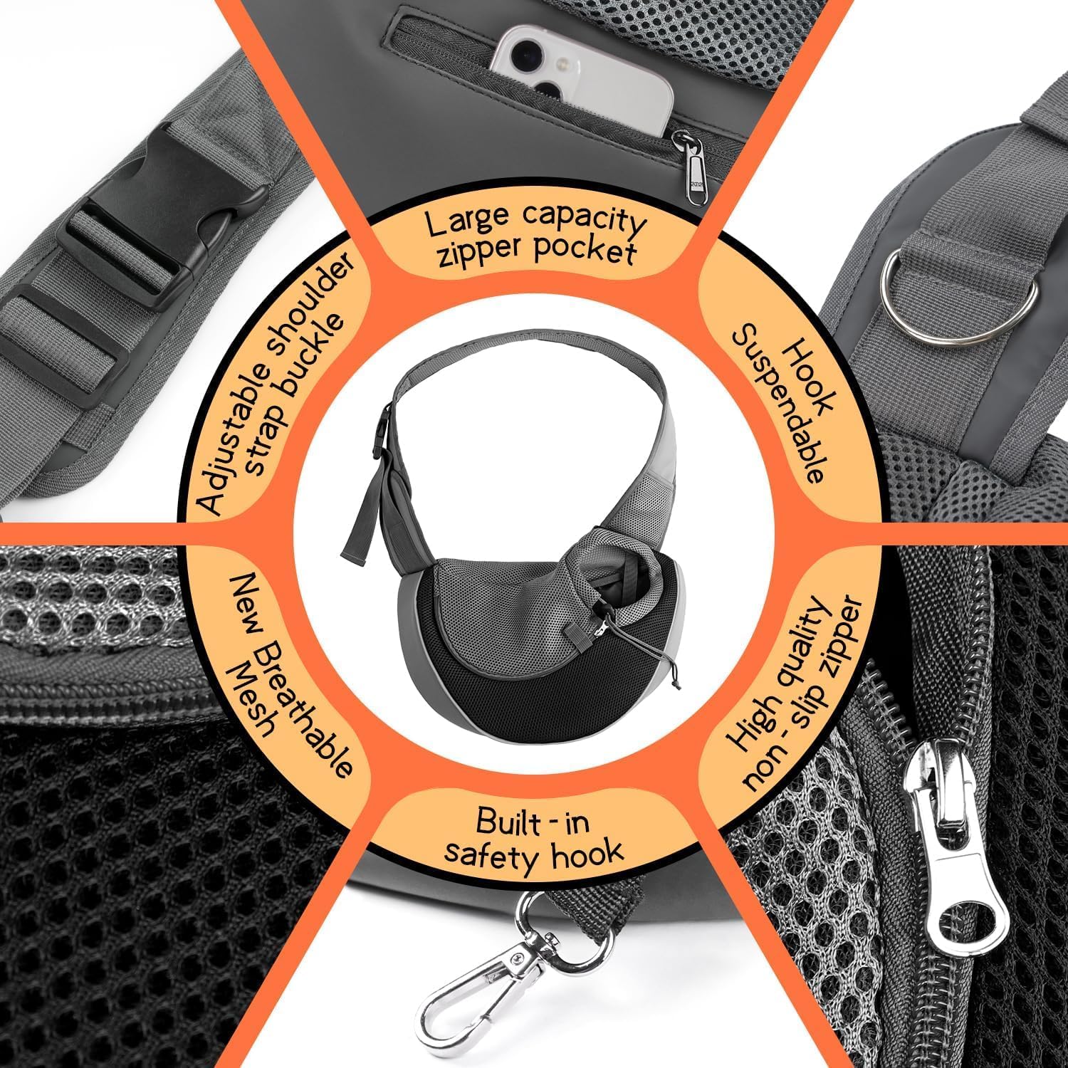 YUDODO Pet Sling Carrier for Small Dogs & Cats – Hands-Free Puppy Carrier with Safety Hook, Large Zipper Pocket, Soft Breathable Mesh, Adjustable Strap & Reflective Strip (Black 1.0 L)