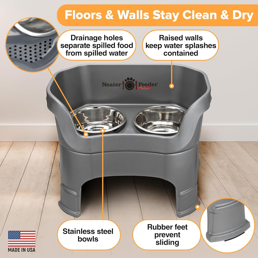 Neater Feeder Deluxe Mess Proof Dog Bowls Elevated for Large Dogs – Made in USA – No Spill Raised Dog Food Bowl Stand w/Leg Extensions – Stainless Steel Dog Food and Water Bowl Set – Grey