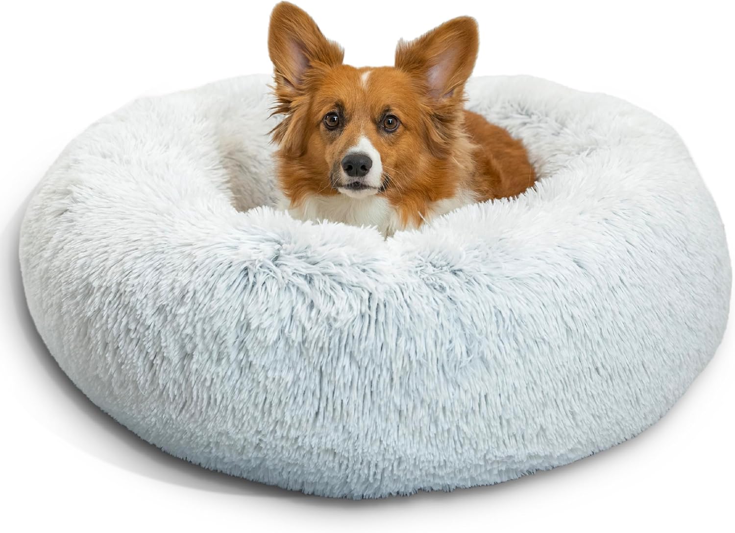 Best Friends by Sheri Original Calming Donut Dog and Cat Bed, Shag Faux Fur, Frost Gray, (30in x 30in) - Anxiety Relief for Pets Up to 45 lbs