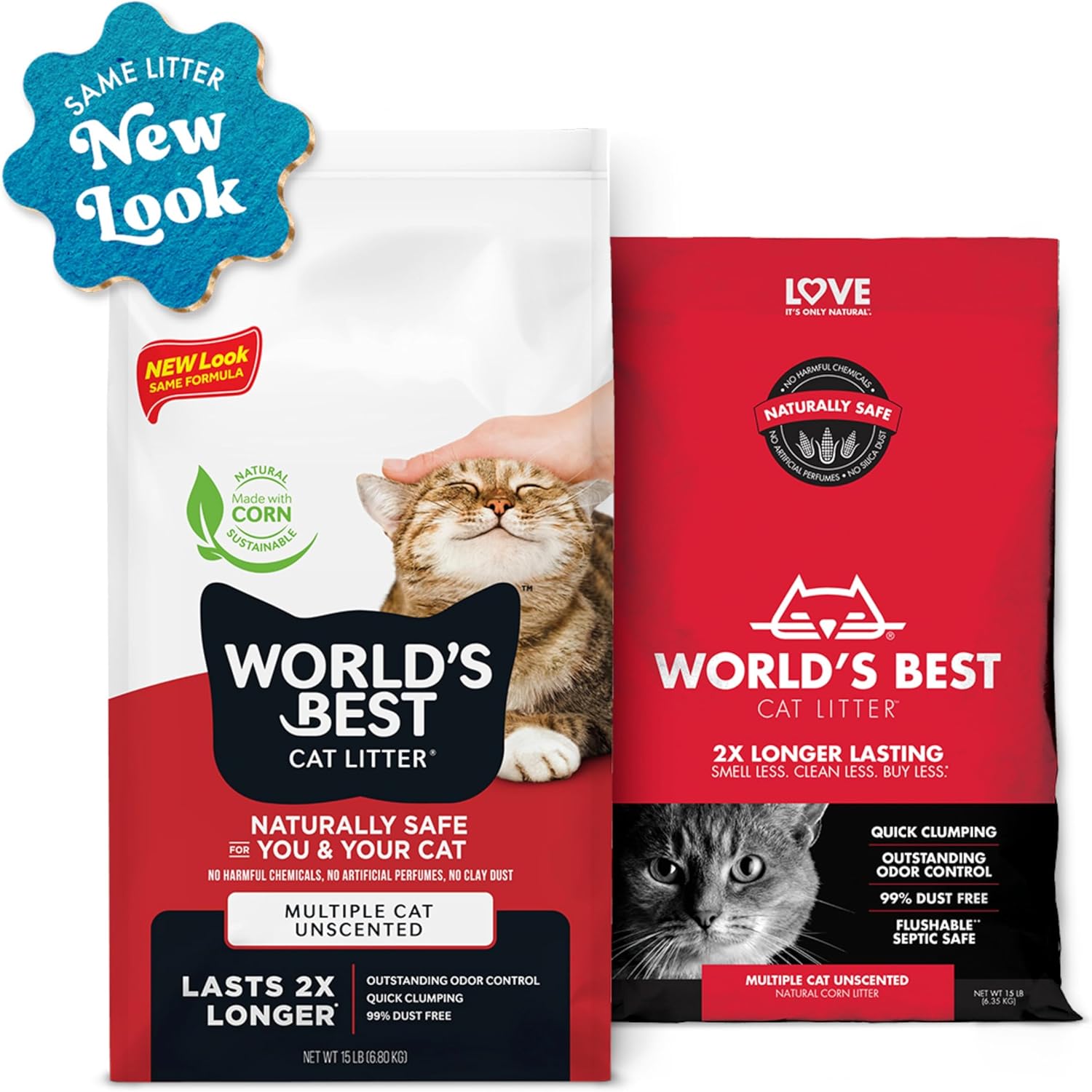 WORLD'S BEST CAT LITTER Multiple Cat Unscented, 15-Pounds - Natural Ingredients, Quick Clumping, Flushable, 99% Dust Free & Made in USA - Long-Lasting Odor Control & Easy Scooping