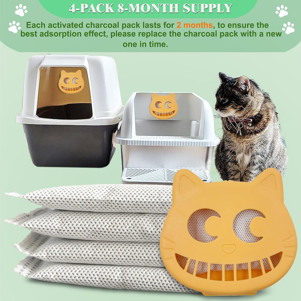 Unscented Cat Litter Box Deodorizer Kit Stick-On Activated Carbon Odor Eliminators Compatible with most manual and automatic litter boxes (4 Refills+ 1 Box) (Orange, Unscented)