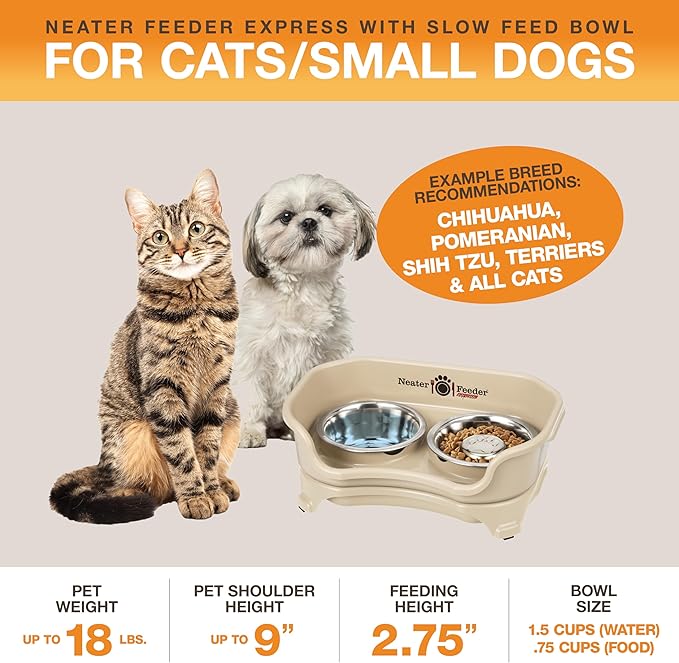 Neater Feeder Express Mess Proof Dog Bowls Elevated for Small Breed – Made in USA – No Spill Raised Slow Feeder Elevated Dog Bowl Stand, Stainless Steel Food and Water Bowl Set, Almond