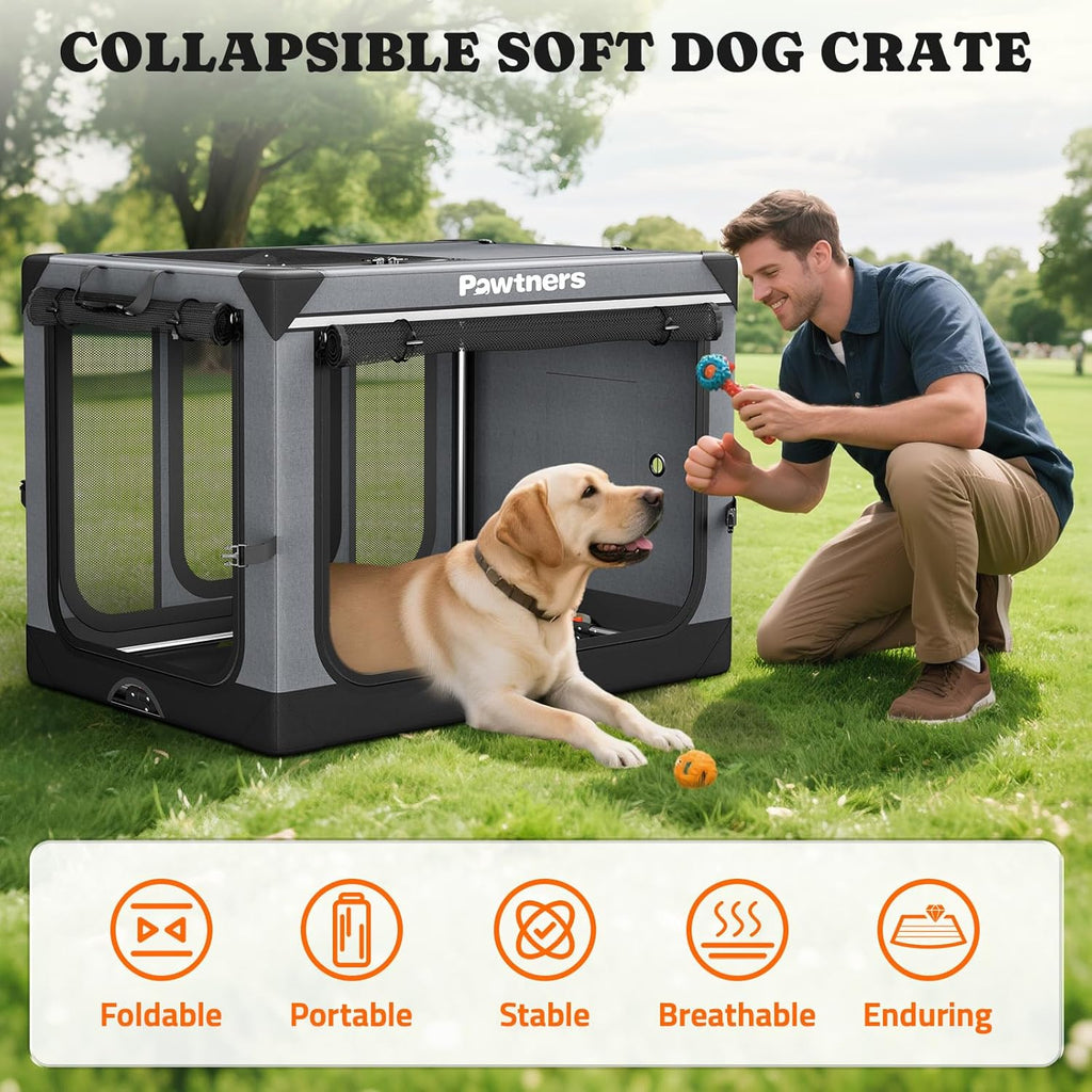 Collapsible Dog Crate: 42 Inch Foldable Soft Sided Dog Crate for Extra Large Dogs, Portable Dog Travel Kennel with Soft Mat for Indoors & Outdoors, Grey (42" L x 31" W x 31" H)