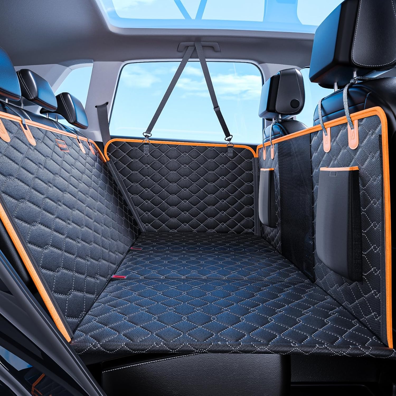 MIXJOY Back Seat Extender for Dogs, Hard Bottom Dog Car Seat Cover for Back Seat Protector, Waterproof Dogs Backseat Cover for Car, Foldable Dog Hammock for Car Travel Accessories, Black