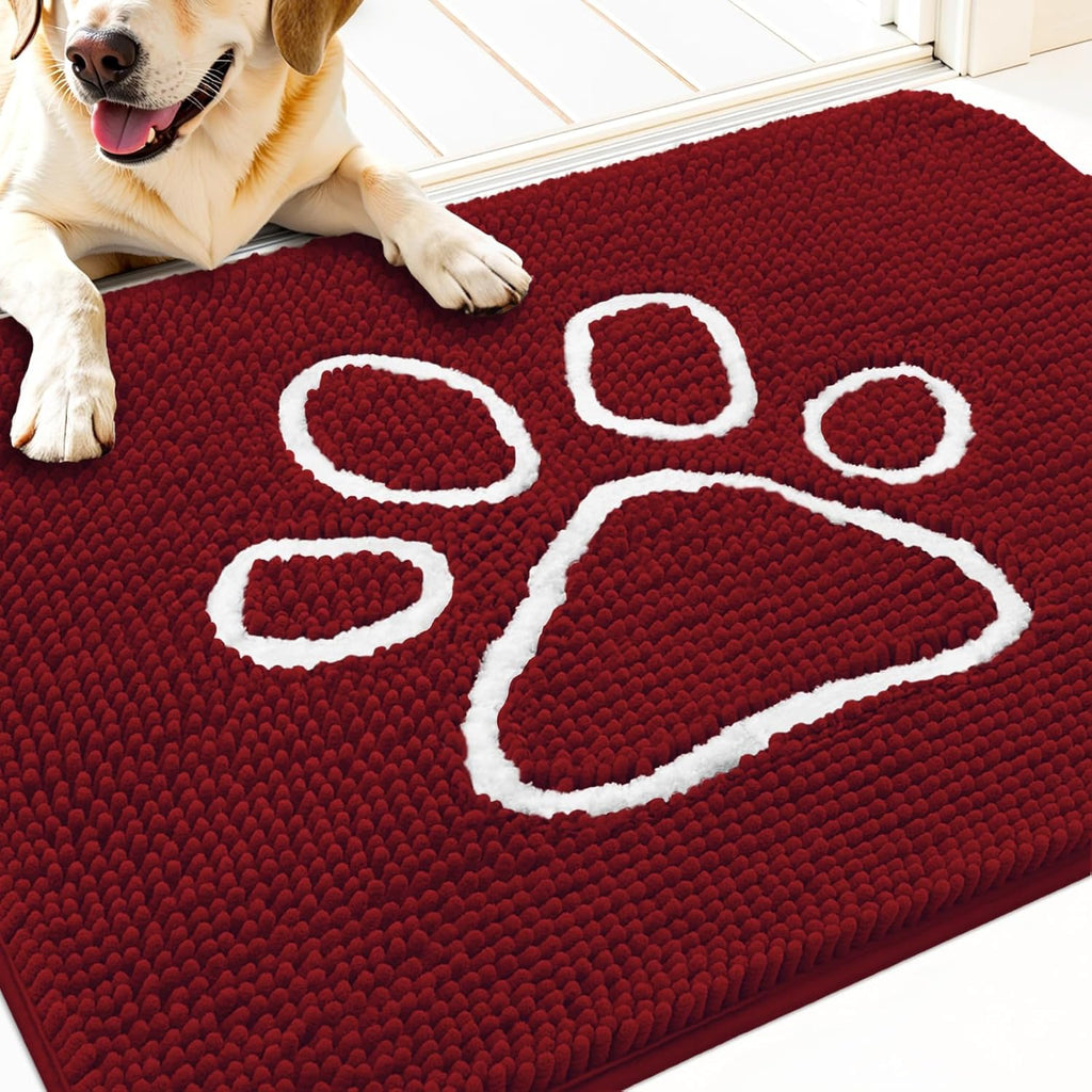 OLANLY Door Mat for Muddy Dog Paws 30x20, Ultra Absorbent Chenille Mud Doormat with Paw Print Design, Non-Slip Washable Doormat for Indoor Entryway, Quick-Dry Pet Bed Mats for Dirty Dogs, Red