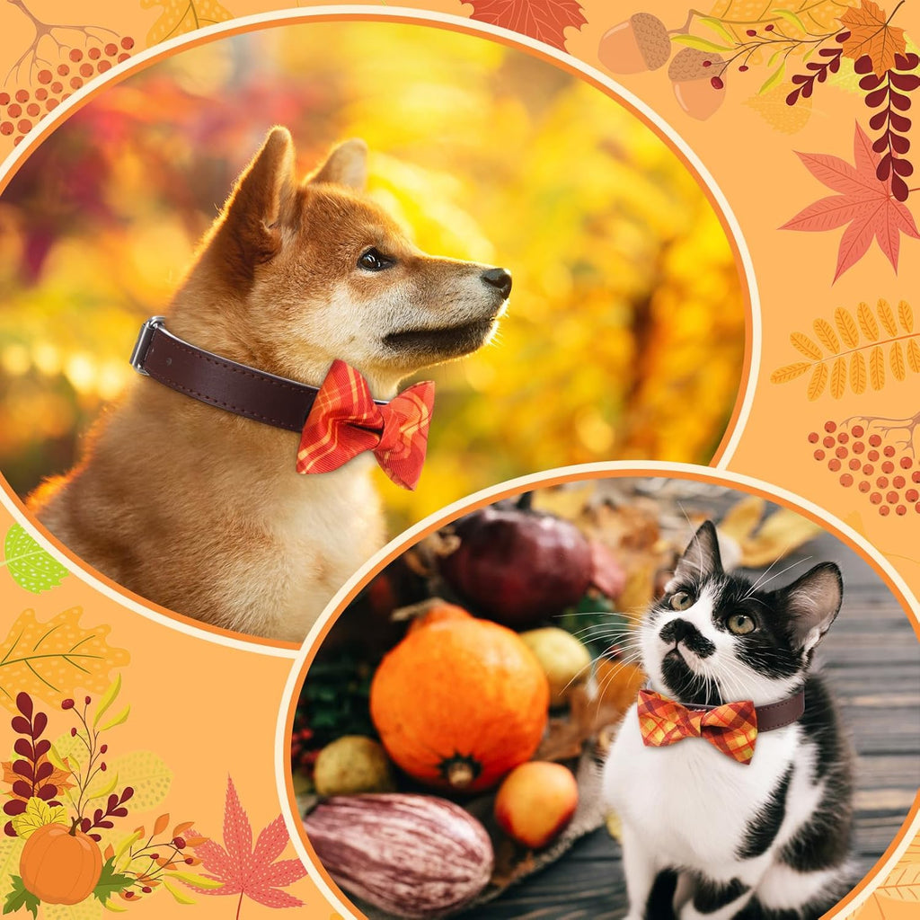 Hillban 50 Pcs Fall Thanksgiving Dog Collar Bow Ties Plaid Gingham Dogs Collar Accessories Bow Ties Attachment with Elastic Bands Detachable Charms for Pet Costume Photo Props Accessories Pet Shops