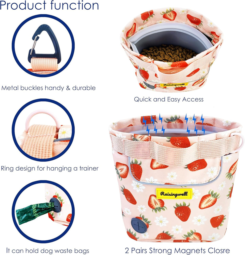 Dog Treat Pouch for Pet Walking and Training with Clicker 2 Cup Silicone Bag Small Fanny Pack Holder for Puppy Snack Dispenser Kit for Leash and Outdoor Use (Strawberry)