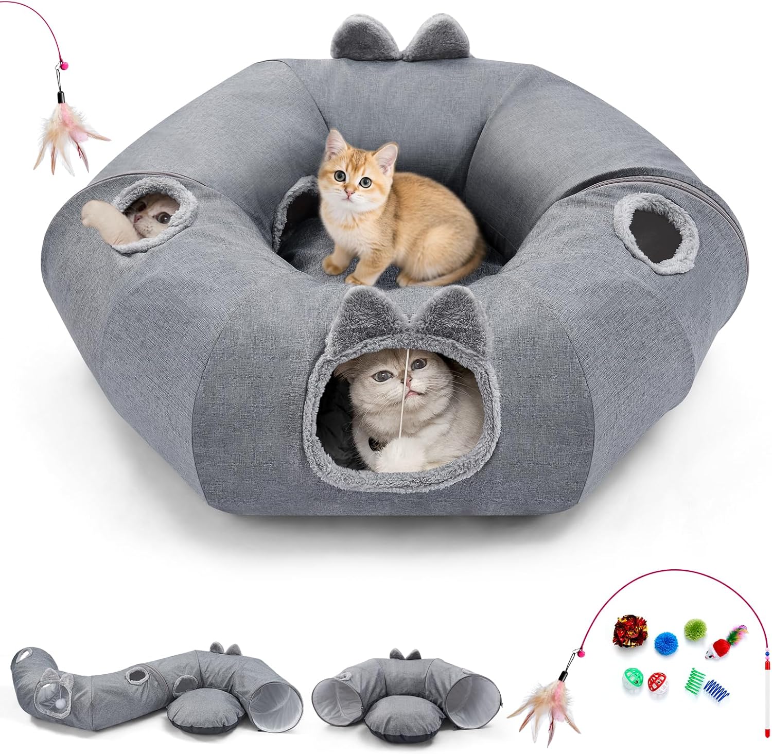 Odoland Summer Linen Cat Tunnels for Indoor Cats with Cooling Central Cat Bed, Interactive Cat Toys Detachable Soft Mat and Variety Kitty Toy Set Grey