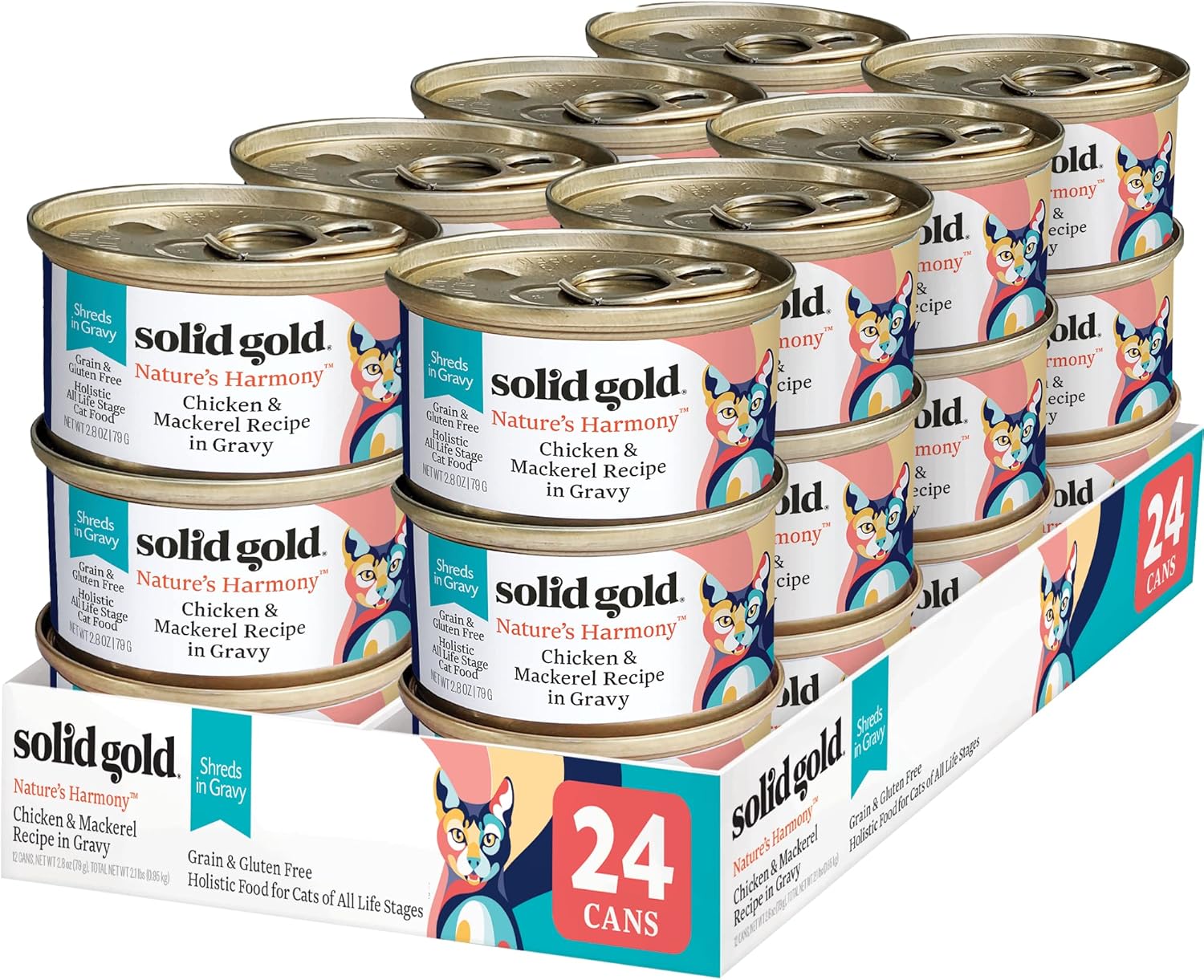Solid Gold Wet Cat Food Shreds in Gravy - Healthy Canned Cat Food Made w/Real Chicken & Mackerel Shreds, Vitamins & Minerals - Grain Free & Gluten Free Canned Meals for Cats & Kittens - 24ct/3oz Can