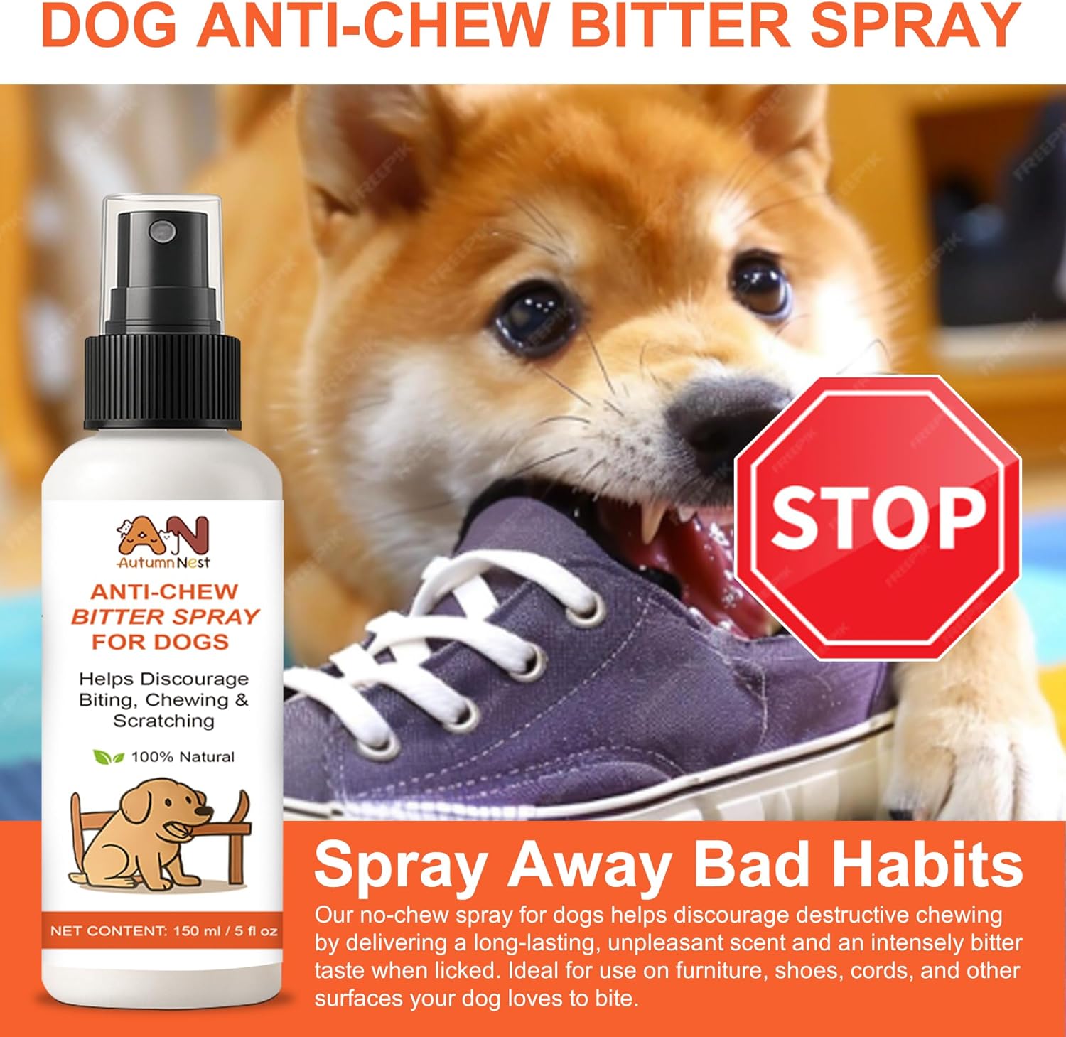 Anti-Chew & No-Go Dog Spray – 150ml Large Bottle – Helps Deter Chewing, Biting & Scratching – Safe for Furniture, Shoes & Carpets – Natural Bitter Formula for Dogs & Puppies