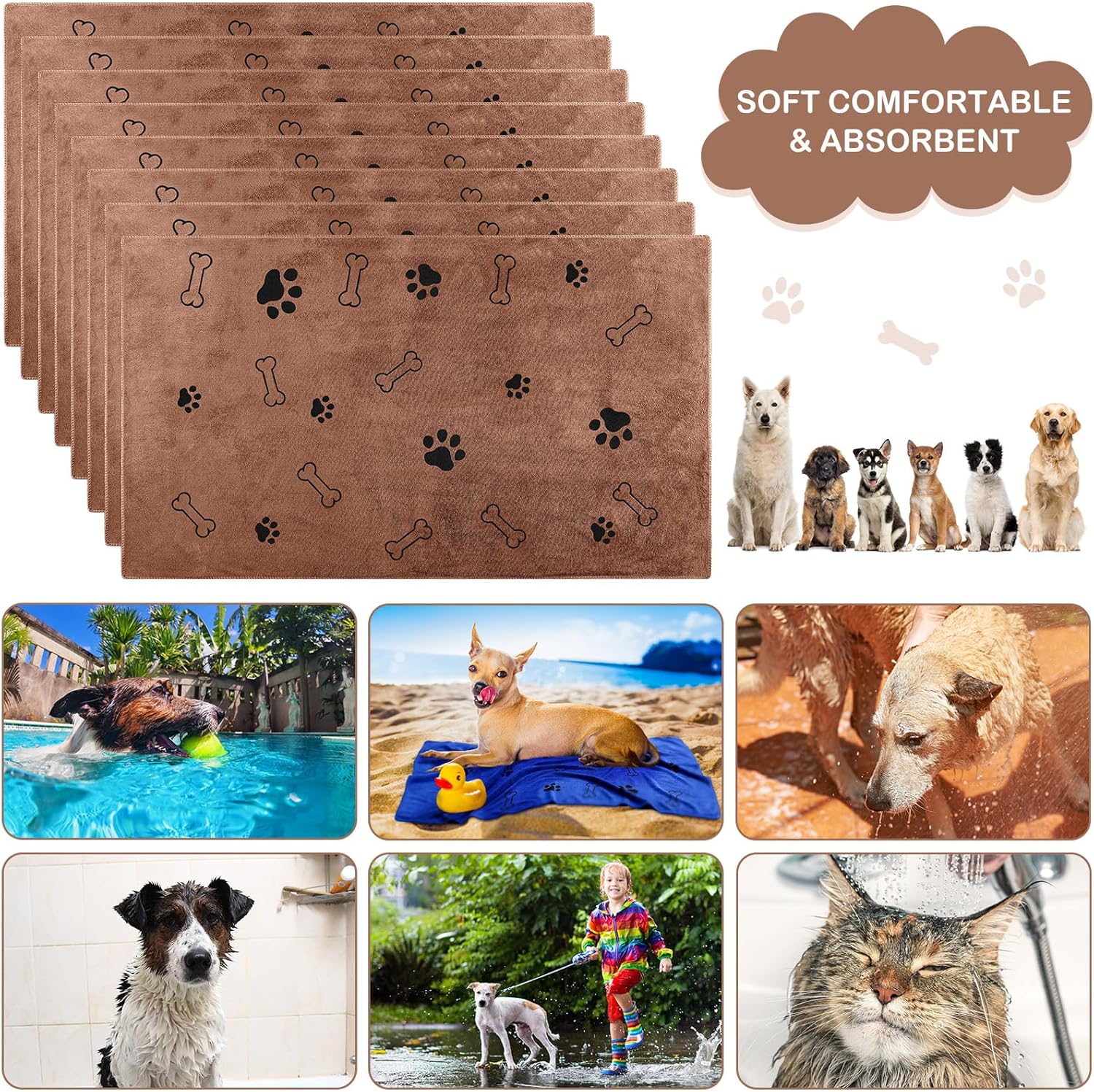 Chumia 8 Pcs Dog Towels for Drying Dogs Cats Pet Towels Bulk Puppy Microfiber Quick Drying Paw Bath Bathing Supplies Absorbent for Medium Pets(Coffee,40 x 24 Inch)