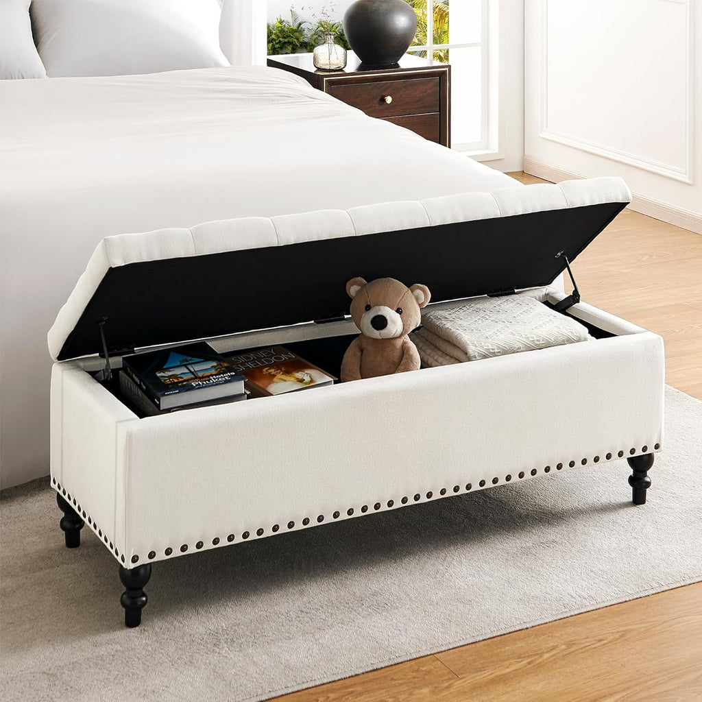 Ottoman with Storage,50.2-inch Upholstered End of Bed Storage Bench for Bedroom,for The Living Room,for Entryway, with Rivets & Button and Safety Hinges,Detachable (White)