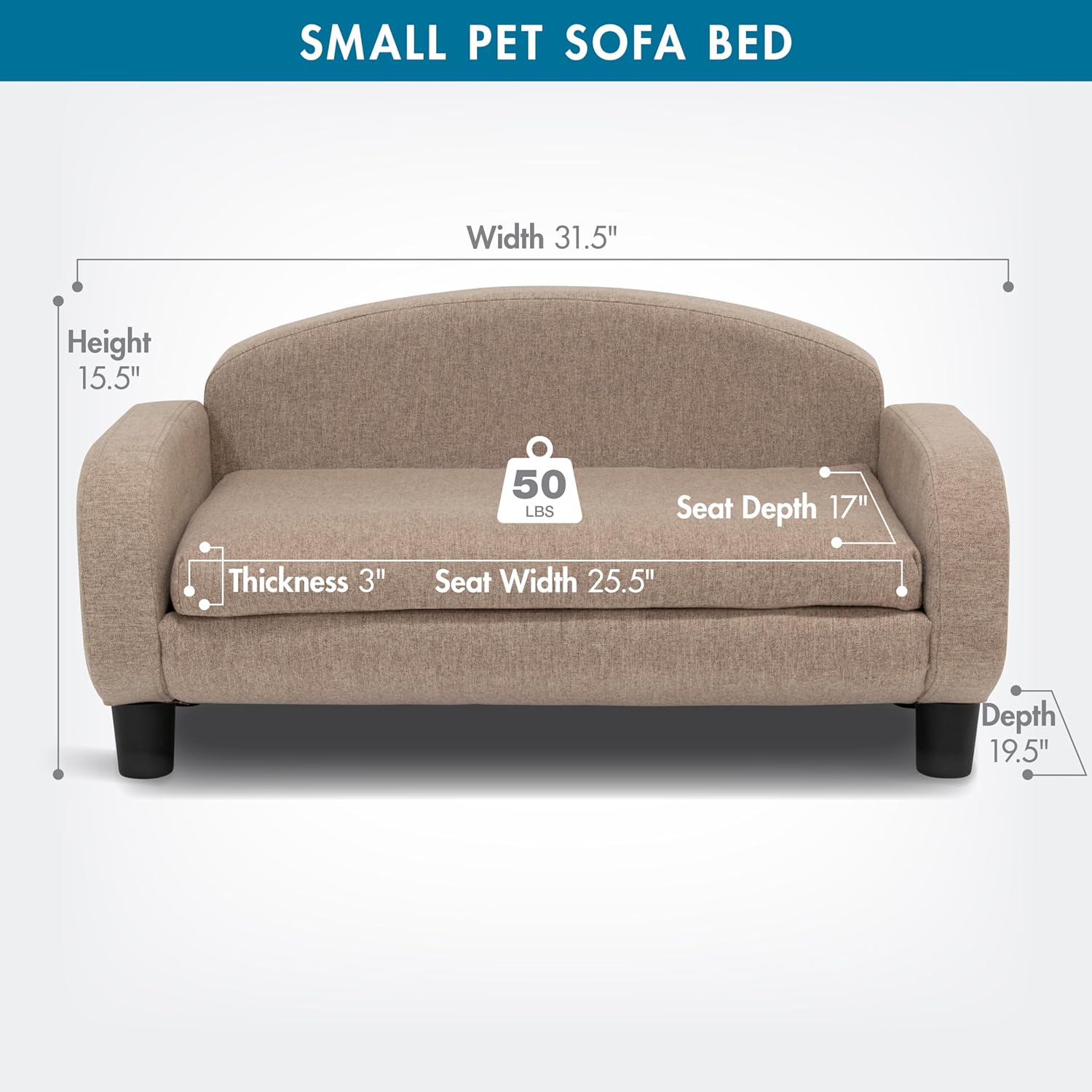Paws & Purrs Cat Sofa Bed, Pet Couch for Indoor Cats Elevated Cat Beds with Removable Washable Mattress Cover for Kitten, Puppy or Small Animal- 31.5" Wide, Sand