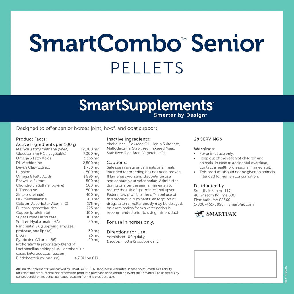 SmartCombo Senior Pellets | Joint, Hoof, Skin, and Coat Supplement For Senior Horses | Contains Glucosamine, Hyaluronic Acid, MSM, Devil's Claw, Biotin, and More | 28 Servings | 6.2 lb Bag