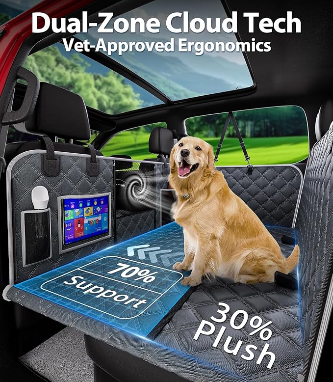 PetGenie Dog Car Seat Cover for Back Seat 10-Layer Military-Grade Protection, Hard Bottom Dog Hammock, Pet Bed Extender for Dogs, Waterproof Seat Protector Universal L Size Fits for SUV Medium Truck