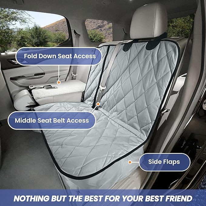 4Knines Dog Seat Cover for Back Seat, Heavy Duty Waterproof Rear Seat Protector for Small Trucks, SUV, Cars - Fits 60/40 Split Bench with Middle Seat Belt, Non-Slip Dog Backseat Cover (Regular, Black)
