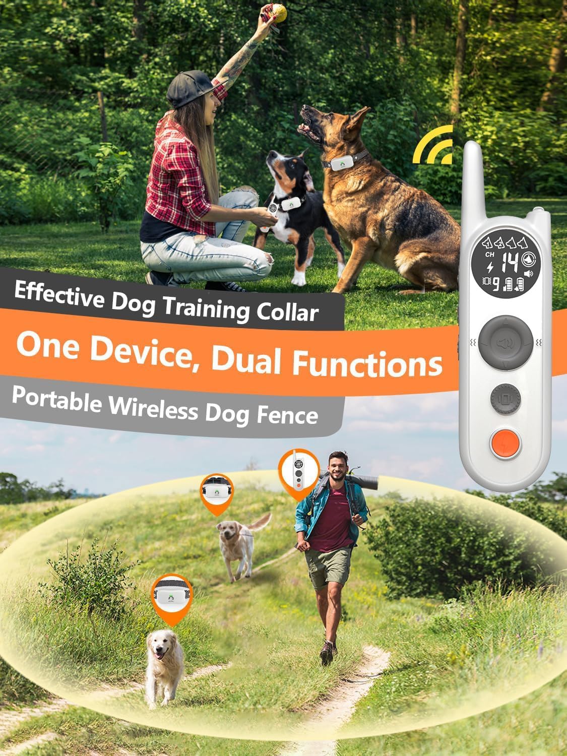 MIMOFPET Wireless Dog Fence for 2 Dogs - Multi-Mode Electric Fence Covers up to 856-Acre,6100 Ft Training Collar Waterproof,Wireless Pet Containment System with 3 Training Modes for Large Medium Dogs