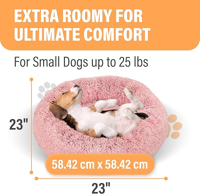 Active Pets Premium Small Donut Dog Bed, Fits Up to 45 lbs, Removable Cover & Washable Cushion, Plush Long Pile Faux Fur Fabric, Portable Pink Pet Bed Furniture for Puppies Adult Canines & Cats
